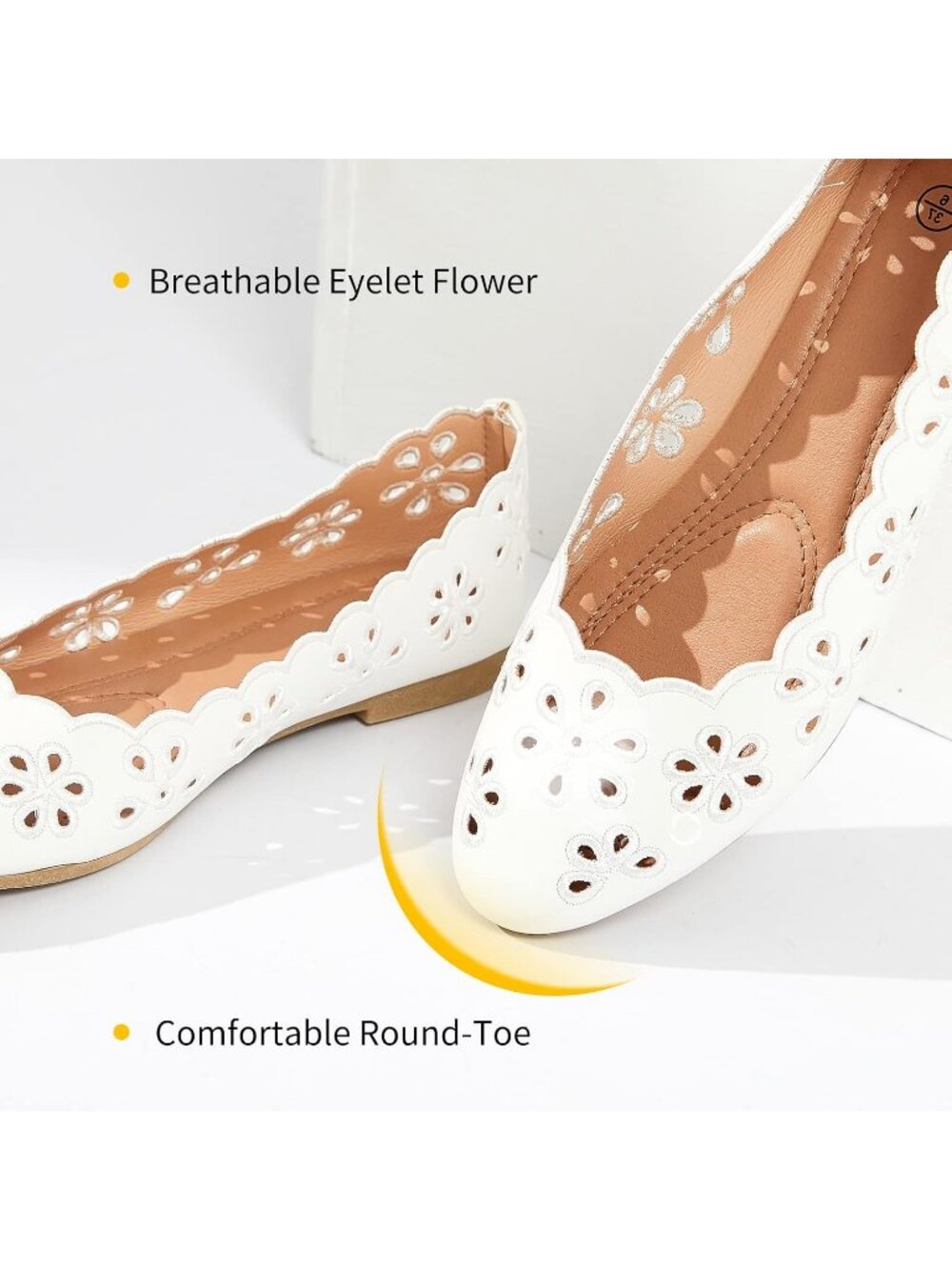 Women's Ballet Flats White PU Leather Shoes Comfortable Round Toe Slip on - Picture 5 of 6